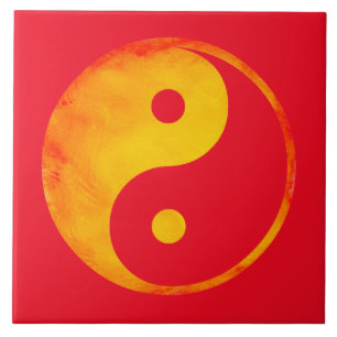 Yin Yang Orange and Yellow Watercolor on Red Ceramic Tile