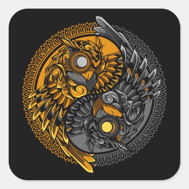 yin yang owl doodle ornament illustration square sticker (Front)