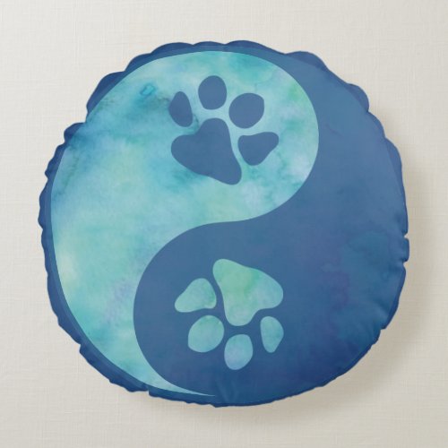 Yin Yang Paw Blue Round Pillow