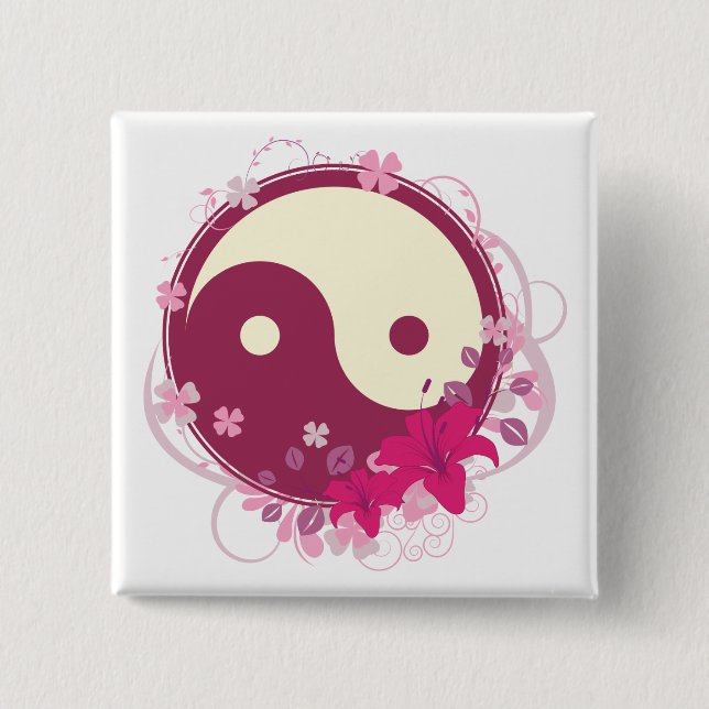 Yin Yang Pink Floral Pinback Button (Front)
