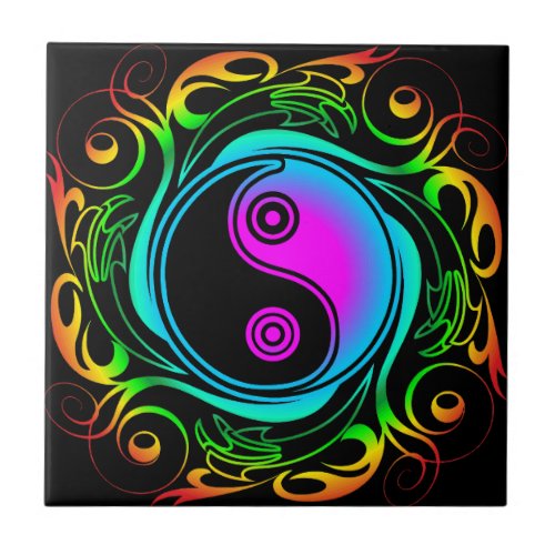 Yin Yang Psychedelic Rainbow Tattoo Ceramic Tile