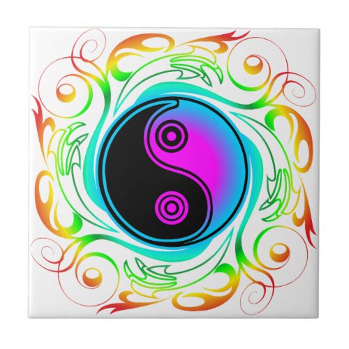 Yin Yang Psychedelic Rainbow Tattoo Ceramic Tile