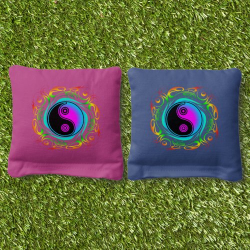 Yin Yang Psychedelic Rainbow Tattoo Cornhole Bags