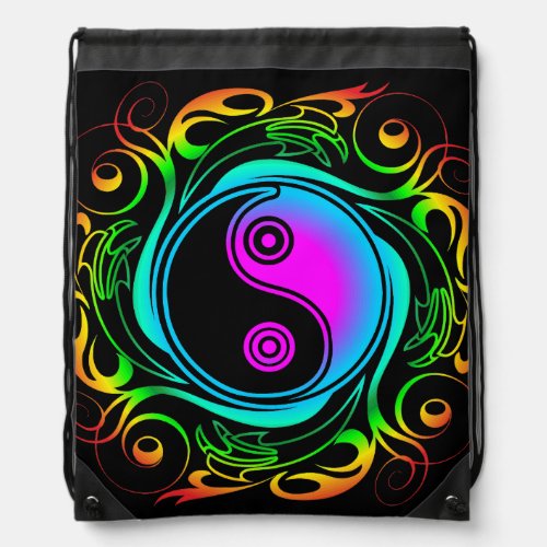 Yin Yang Psychedelic Rainbow Tattoo Drawstring Bag