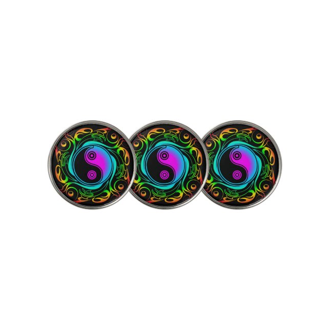 Yin Yang Psychedelic Rainbow Tattoo Golf Ball Marker (3 Up)