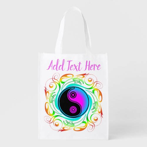 Yin Yang Psychedelic Rainbow Tattoo Grocery Bag