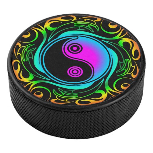 Yin Yang Psychedelic Rainbow Tattoo Hockey Puck