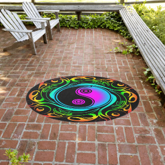 Yin Yang Psychedelic Rainbow Tattoo Outdoor Rug