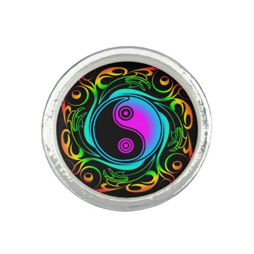Yin Yang Psychedelic Rainbow Tattoo Ring