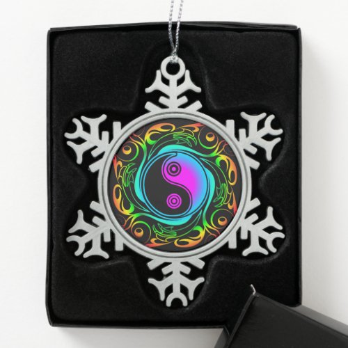 Yin Yang Psychedelic Rainbow Tattoo Snowflake Pewter Christmas Ornament