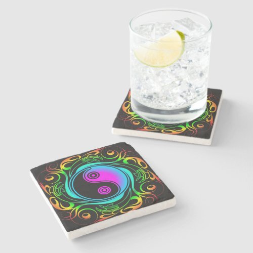 Yin Yang Psychedelic Rainbow Tattoo Stone Coaster