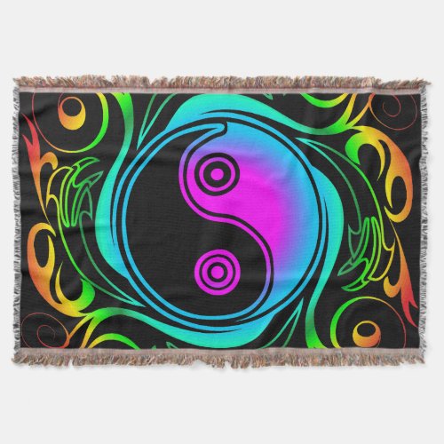 Yin Yang Psychedelic Rainbow Tattoo Throw Blanket