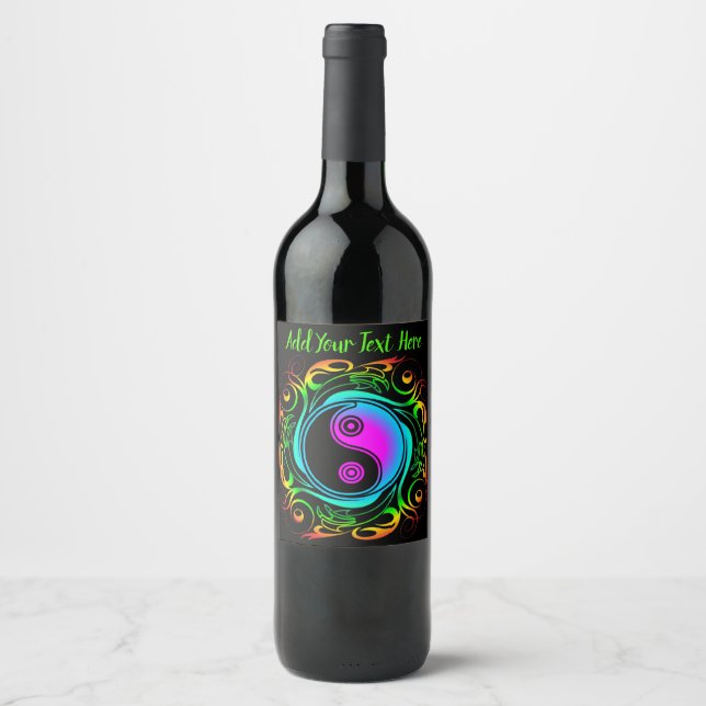 Yin Yang Psychedelic Rainbow Tattoo Wine Label (Front)