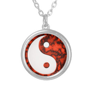 "Yin Yang Red Marble" Silver Plated Necklace