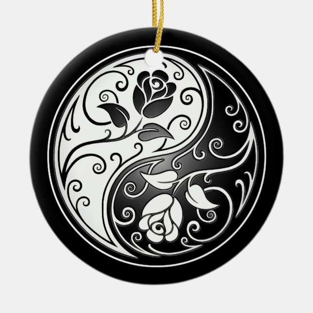 Yin Yang Roses, black Ceramic Ornament (Front)