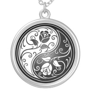 Yin Yang Roses, black Silver Plated Necklace