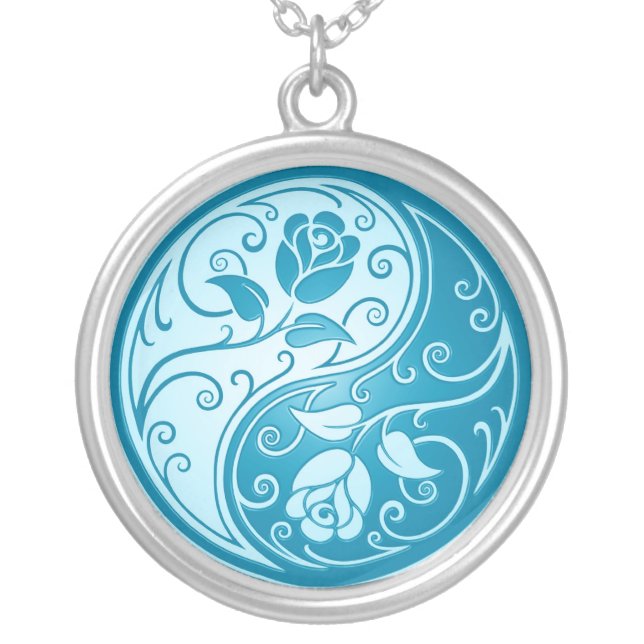 Yin Yang Roses, blue Silver Plated Necklace (Front)