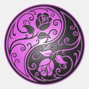 Yin Yang Roses  Purple And Black Classic Round Sticker by JeffBartels at Zazzle