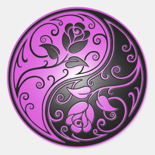 Yin Yang Roses purple and black Classic Round Sticker