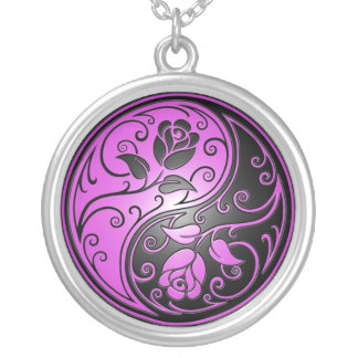 Yin Yang Roses, purple and black Silver Plated Necklace