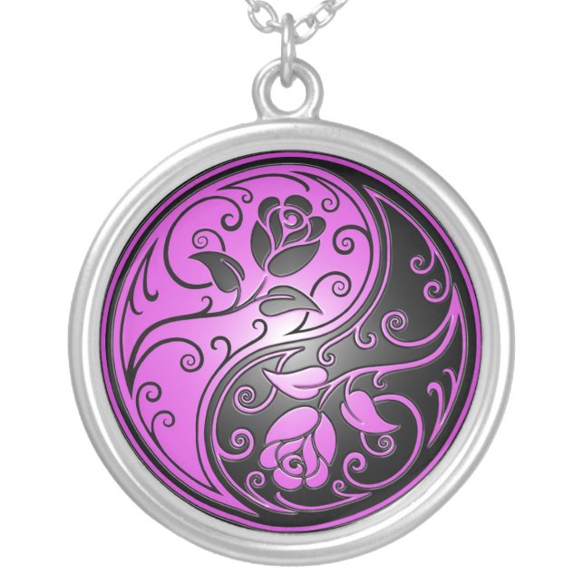Yin Yang Roses, purple and black Silver Plated Necklace (Front)