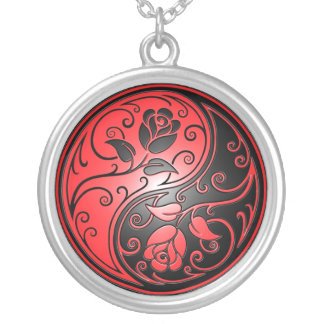 Yin Yang Roses, red and black Silver Plated Necklace