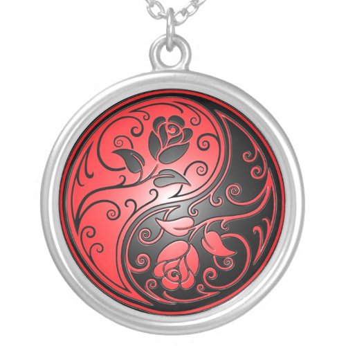 Yin Yang Roses red and black Silver Plated Necklace