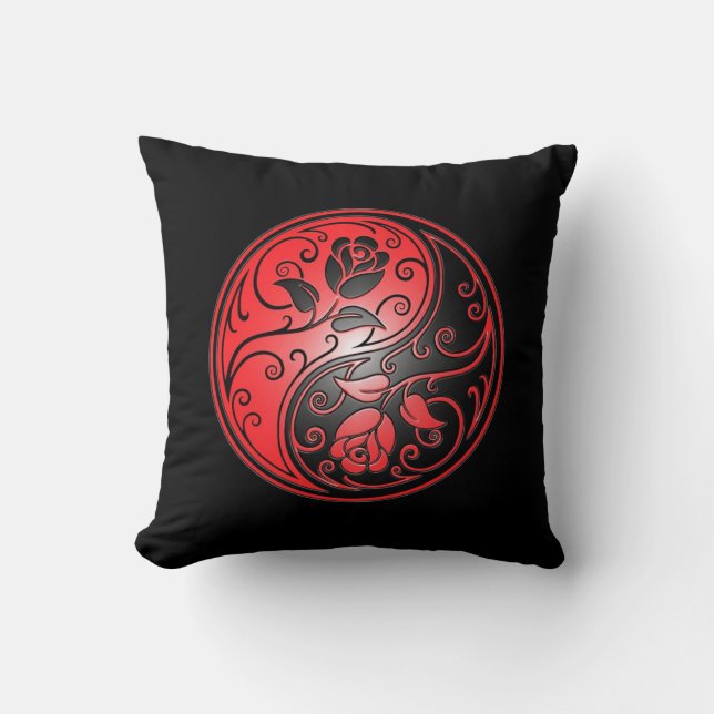 Yin Yang Roses, red and black Throw Pillow (Front)