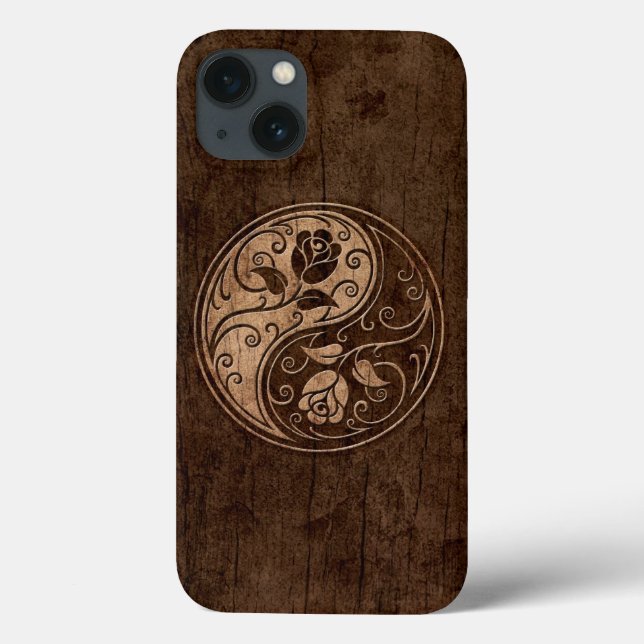 Yin Yang Roses with Wood Grain Effect Case-Mate iPhone Case (Back)