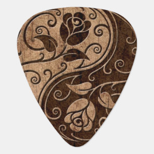 Yin Yang Roses with Wood Grain Effect Guitar Pick