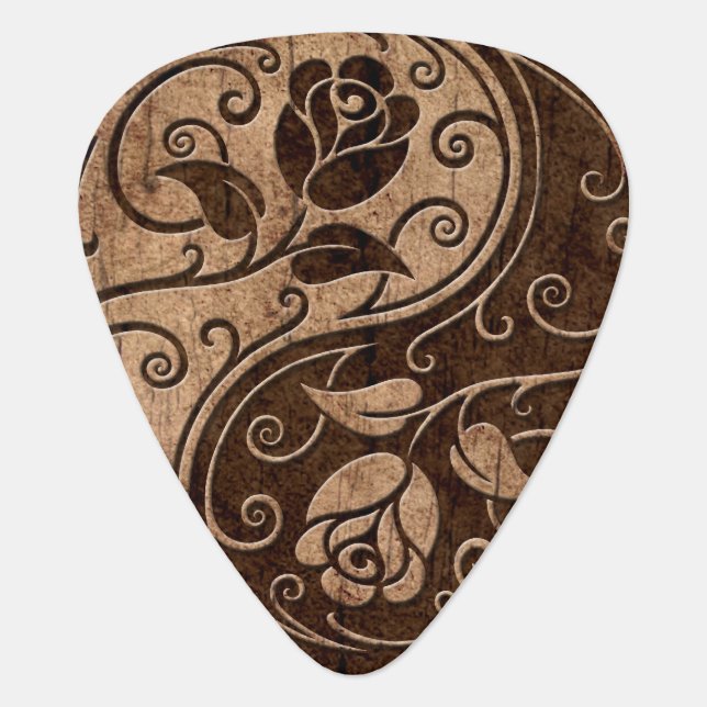 Yin Yang Roses with Wood Grain Effect Guitar Pick (Front)