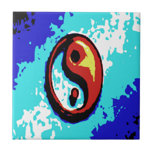 Yin Yang Sign Red and Blue Artistic Ceramic Tile