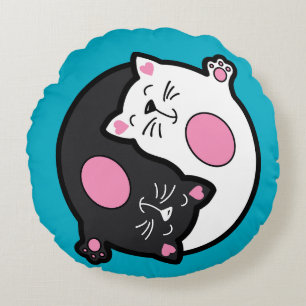 Yin Yang Sleeping Cats In Black And White Round Pillow