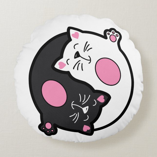 Yin Yang Sleeping Cats In Black And White  Round Pillow (Front)