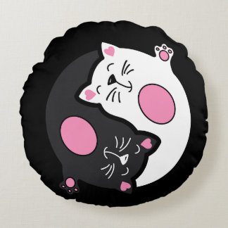 Yin Yang Sleeping Cats In Black And White  Round Pillow