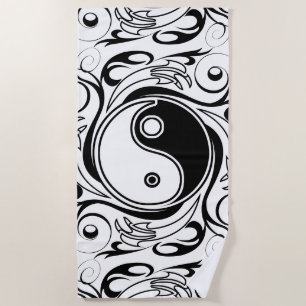 Yin & Yang Symbol Black and White Tattoo Style Beach Towel