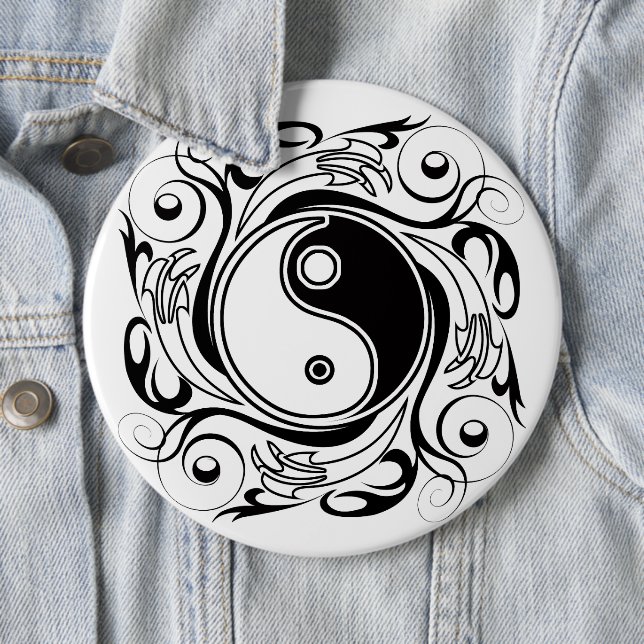 Yin & Yang Symbol Black and White Tattoo Style Button (In Situ)