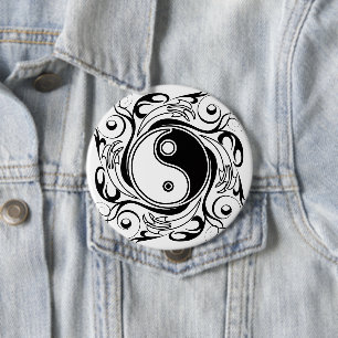 Yin & Yang Symbol Black and White Tattoo Style Button