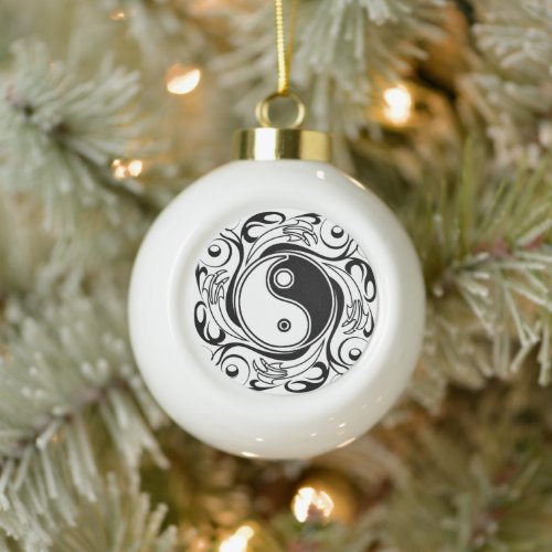 Yin  Yang Symbol Black and White Tattoo Style Ceramic Ball Christmas Ornament