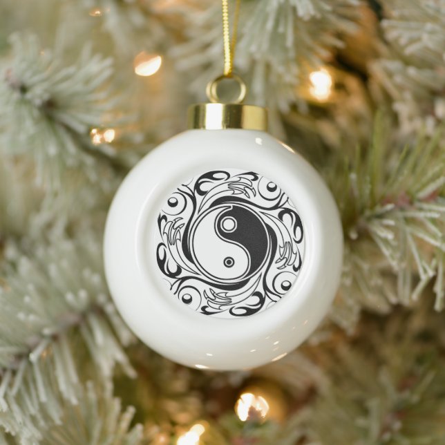Yin & Yang Symbol Black and White Tattoo Style Ceramic Ball Christmas Ornament (Tree)