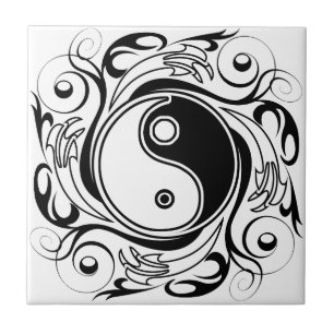 Yin & Yang Symbol Black and White Tattoo Style Ceramic Tile