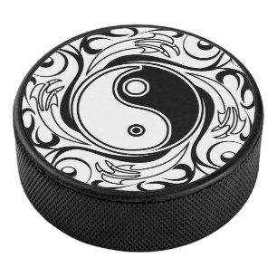 Yin & Yang Symbol Black and White Tattoo Style Hockey Puck