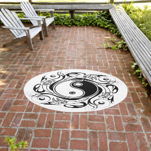 Yin & Yang Symbol Black and White Tattoo Style Outdoor Rug