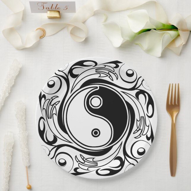 Yin & Yang Symbol Black and White Tattoo Style Paper Plates (Wedding)