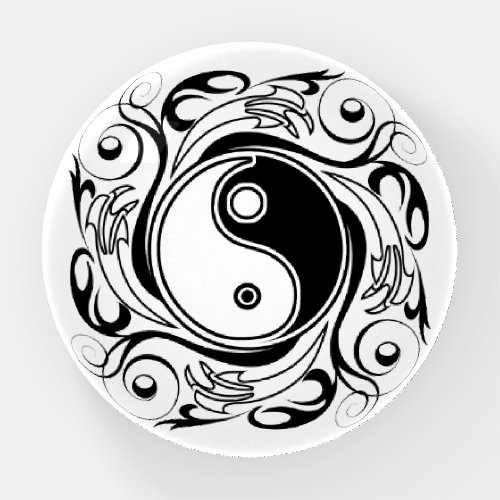 Yin  Yang Symbol Black and White Tattoo Style Paperweight