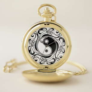 Yin & Yang Symbol Black and White Tattoo Style Pocket Watch