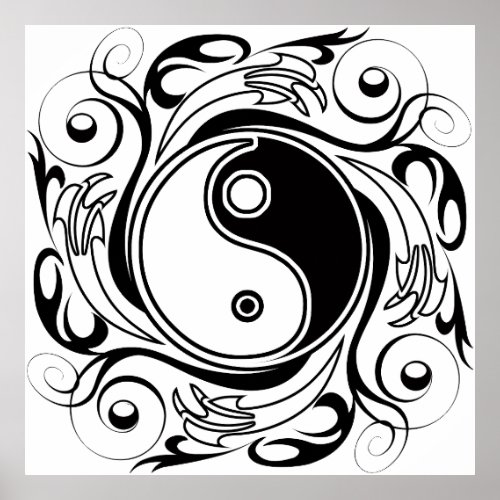 Yin  Yang Symbol Black and White Tattoo Style Poster