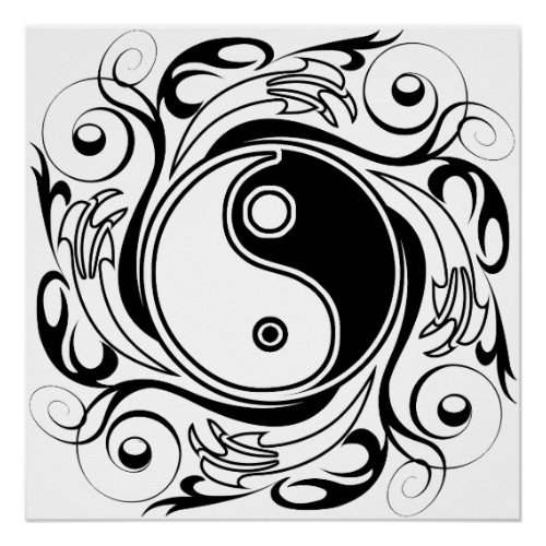 Yin  Yang Symbol Black and White Tattoo Style Poster