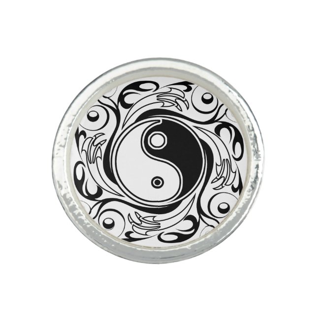 Yin & Yang Symbol Black and White Tattoo Style Ring (Front)