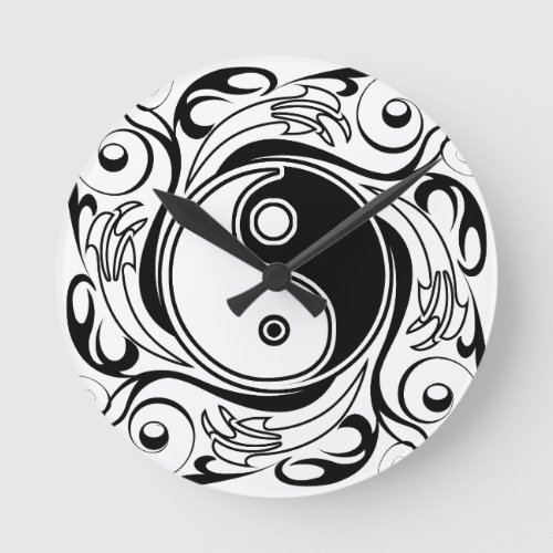 Yin  Yang Symbol Black and White Tattoo Style Round Clock